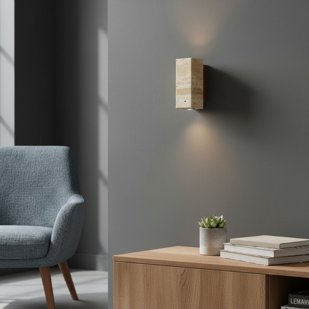 Contemporary Wall Light | Travertine Cylinder or Square Shade with Solid Wood Base