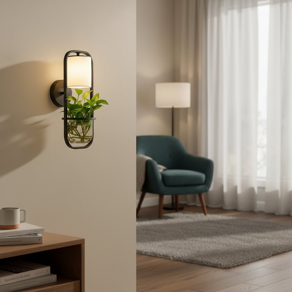 Contemporary Wall Light | Black Metal Frame with Fabric Shade and Integrated Glass Plant Holder