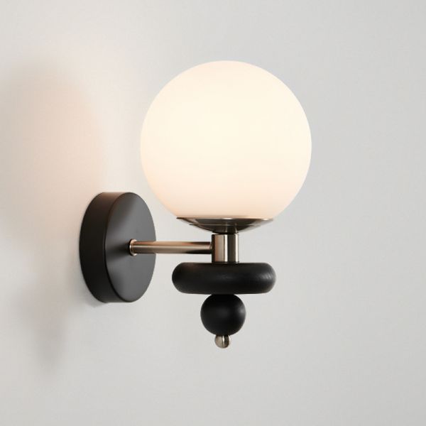 LED Wall Light | Modern Black Wood Sconce with Frosted Glass Globe Shade and Decorative Wooden Accent