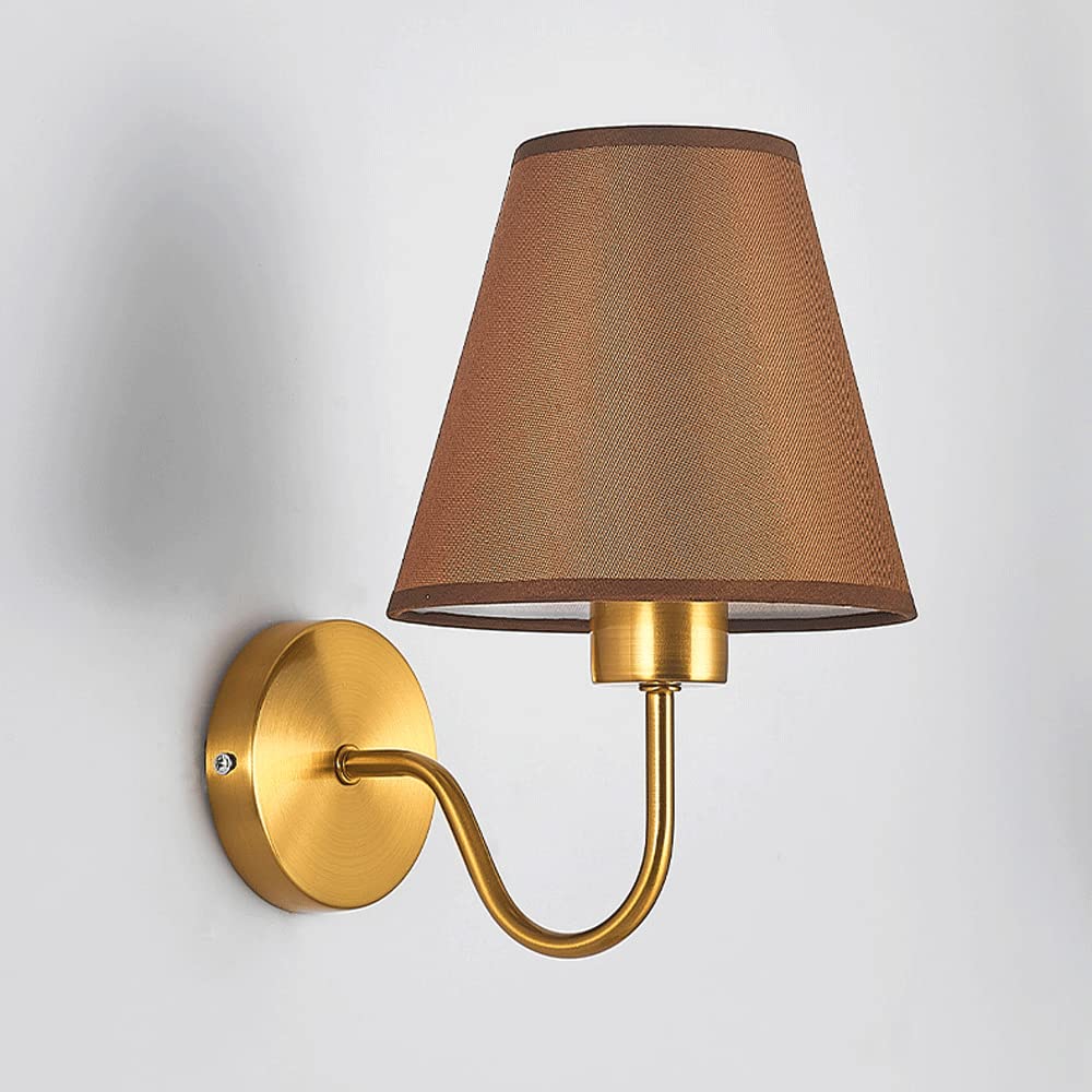 Brass Wall Light | Conical Fabric Shade Sconce with Curved Brass Arm