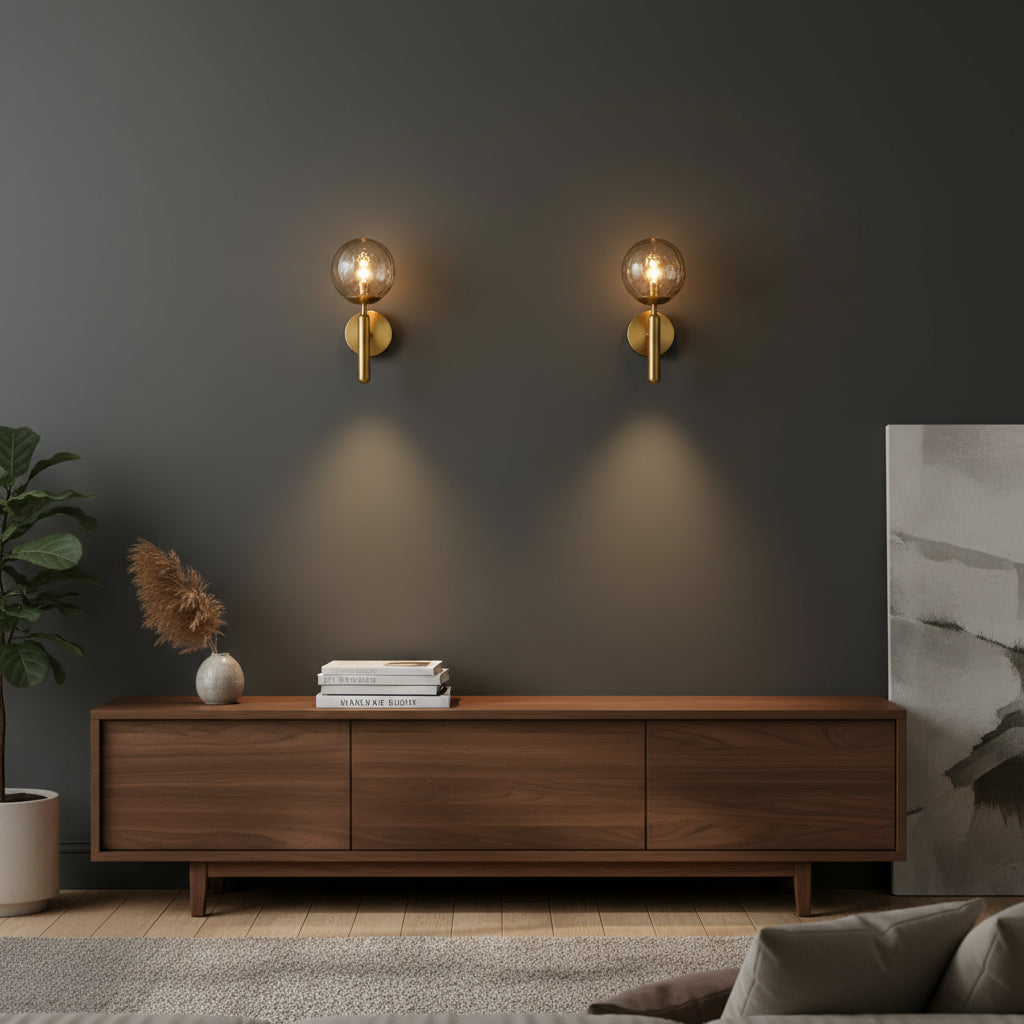 Brass Wall Light | Modern Sconce with Textured Glass Globe Shade