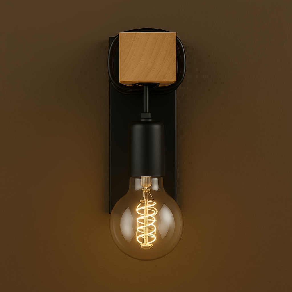 Contemporary Wall Light | Wood & Metal Sconce with Spiral LED Bulb