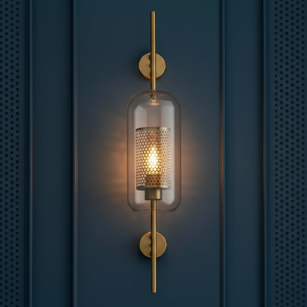 Industrial Wall Light | Brass Rod Sconce with Glass Cylinder Shade