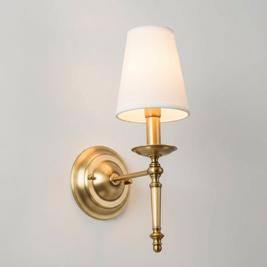 Antique Brass Wall Light | Polished Copper Body with White Fabric Shade