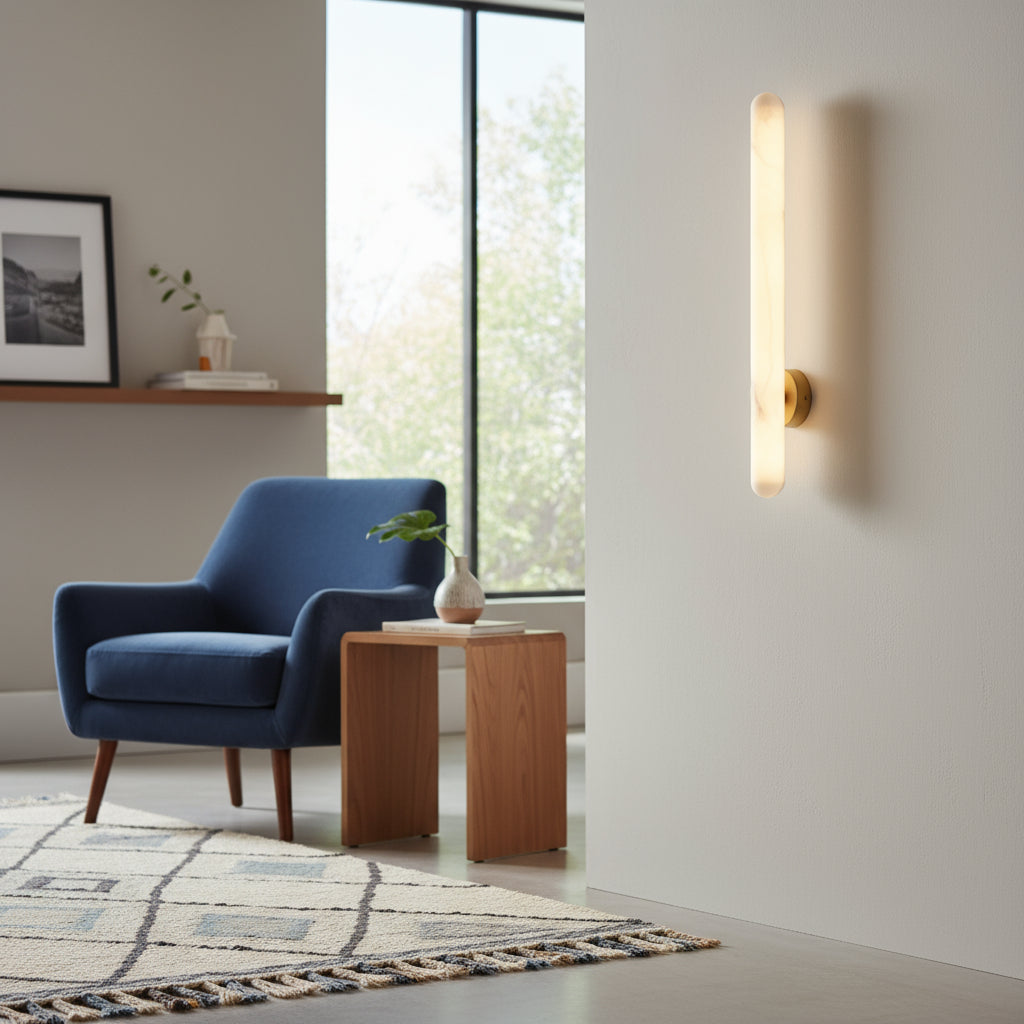 Art Deco Wall Light | Natural Marble Cylinder Sconce with Copper Base for Bedroom and Living Room