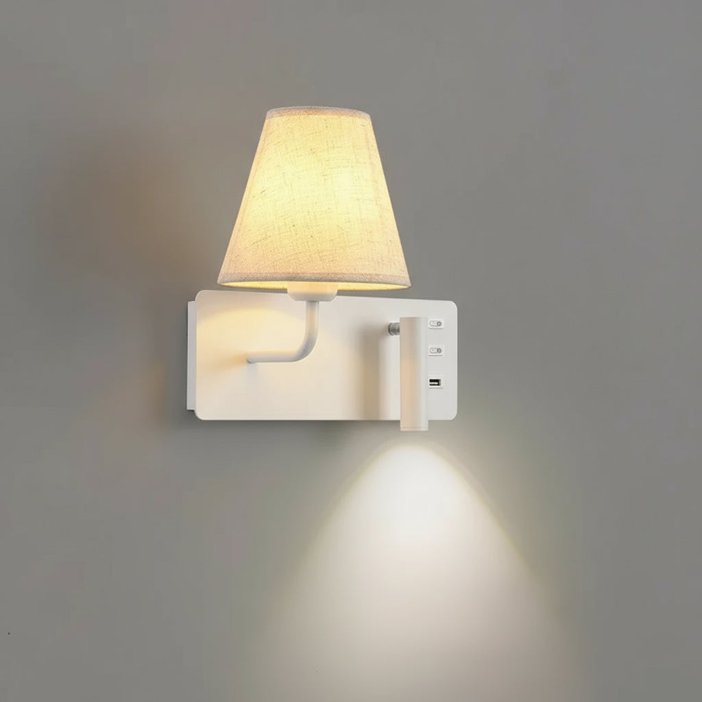 Contemporary Wall Light | Fabric Shade and Adjustable LED Reading Spotlight with USB
