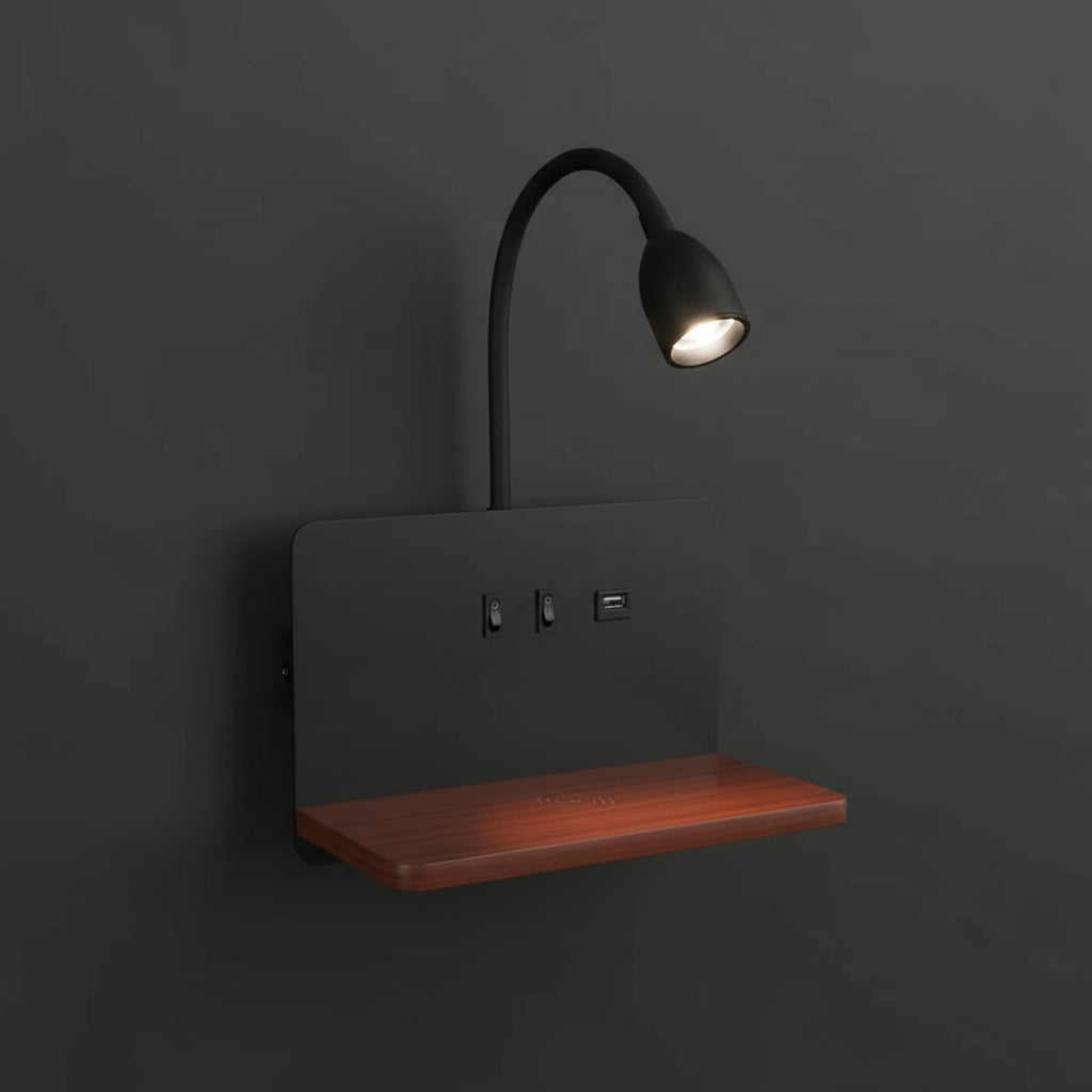 LED Wall Light | Bedside Sconce with USB & Wireless Charging Shelf