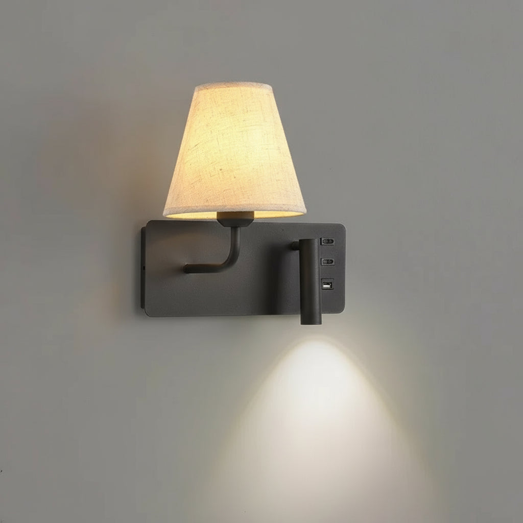 Contemporary Wall Light | Fabric Shade and Adjustable LED Reading Spotlight with USB