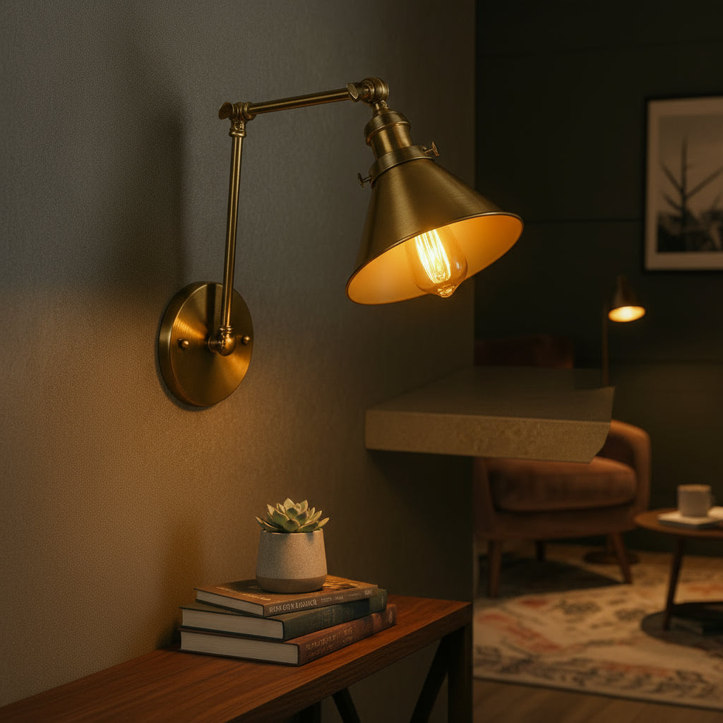 Brass Wall Light | Adjustable Vintage Cone Shade with Articulated Arm