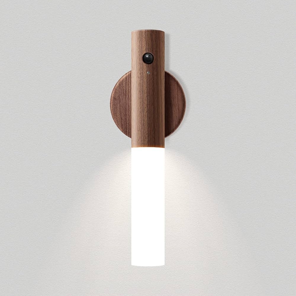 Stick-on Wall Light | Motion Sensor Wood Sconce with Frosted Glass Tube