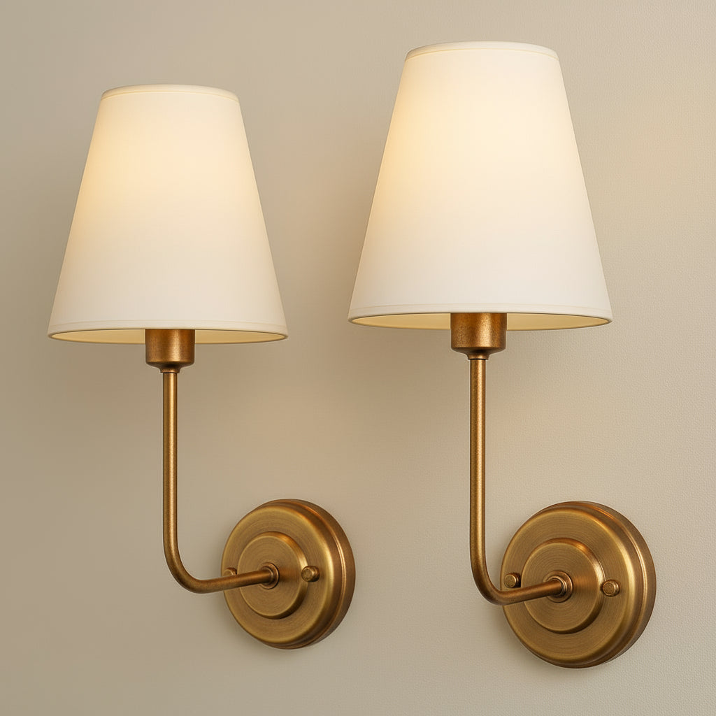 Antique Brass Wall Light | Linen Fabric Shade Sconce with Plated Metal Frame