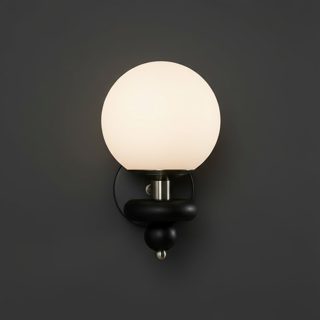 LED Wall Light | Modern Black Wood Sconce with Frosted Glass Globe Shade and Decorative Wooden Accent