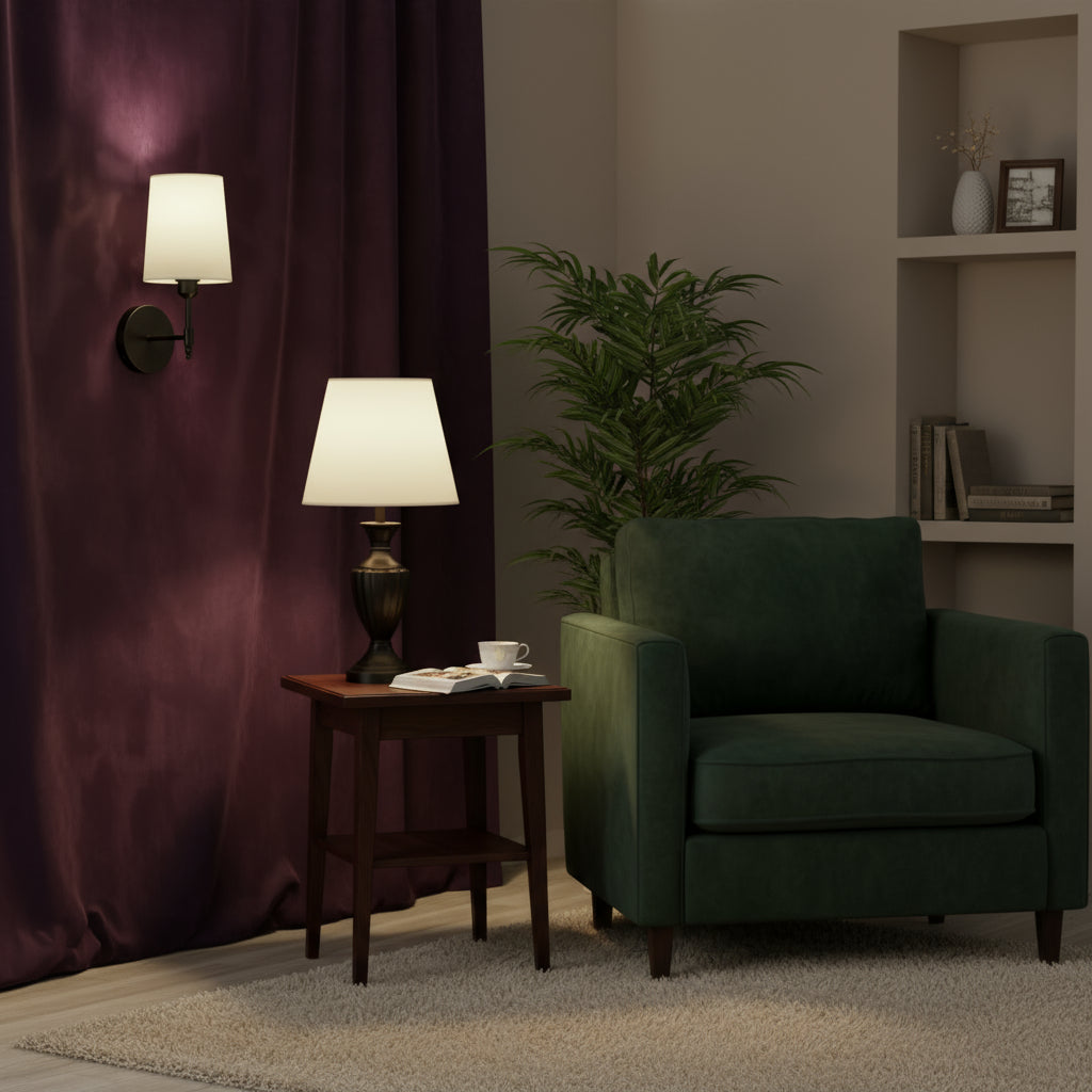 Rechargeable Wall Sconce | Bras Arm with White Fabric Shade