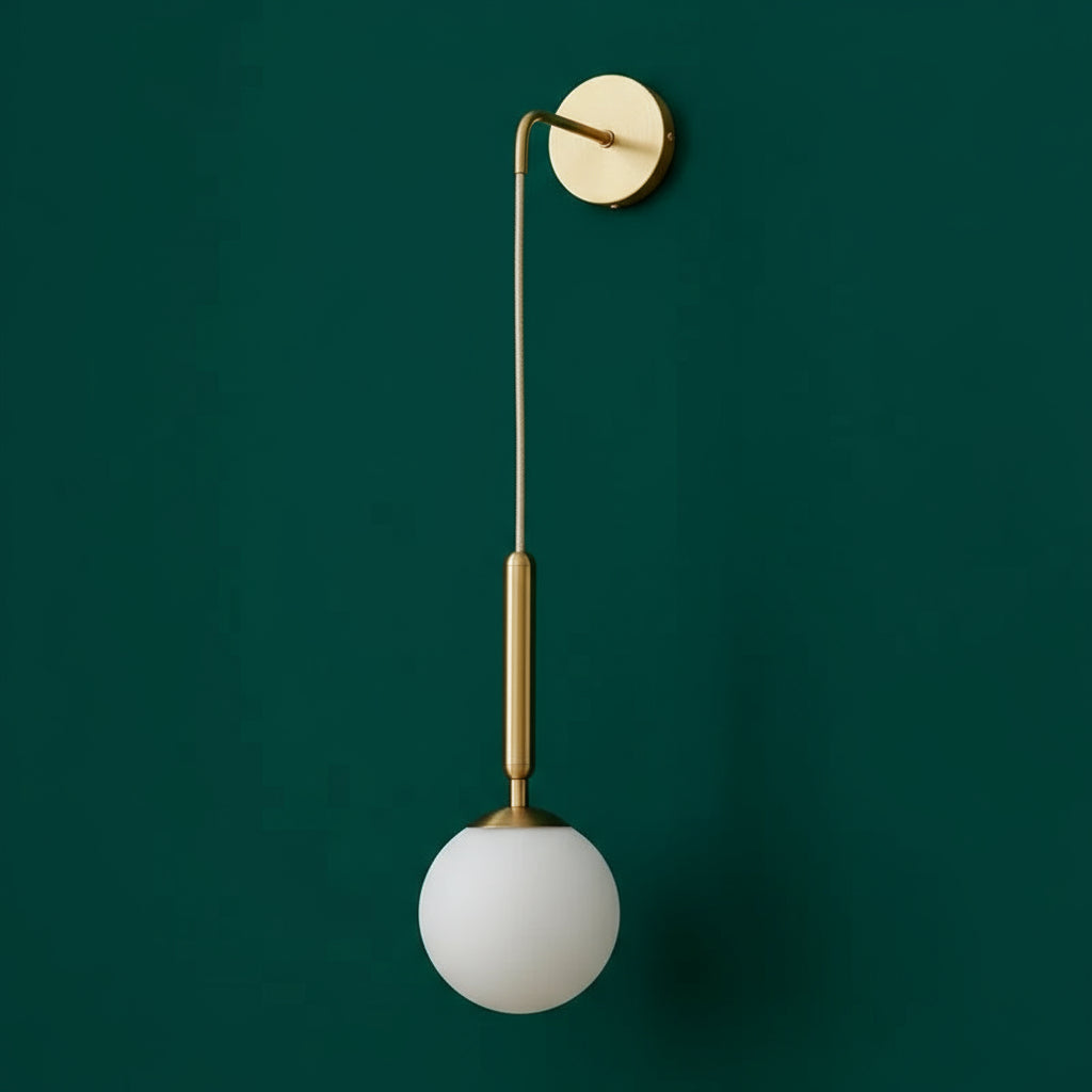 Brass Wall Light | Frosted Glass Globe Pendant on Elbow Arm