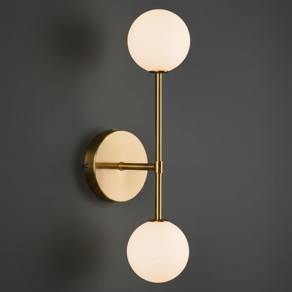 Antique Brass Wall Light | Vertical Double Globe Sconce with Frosted Glass Shades