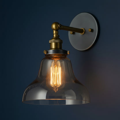 Antique Brass Wall Light | Industrial Clear Glass Dome Sconce with Round Wall Plate