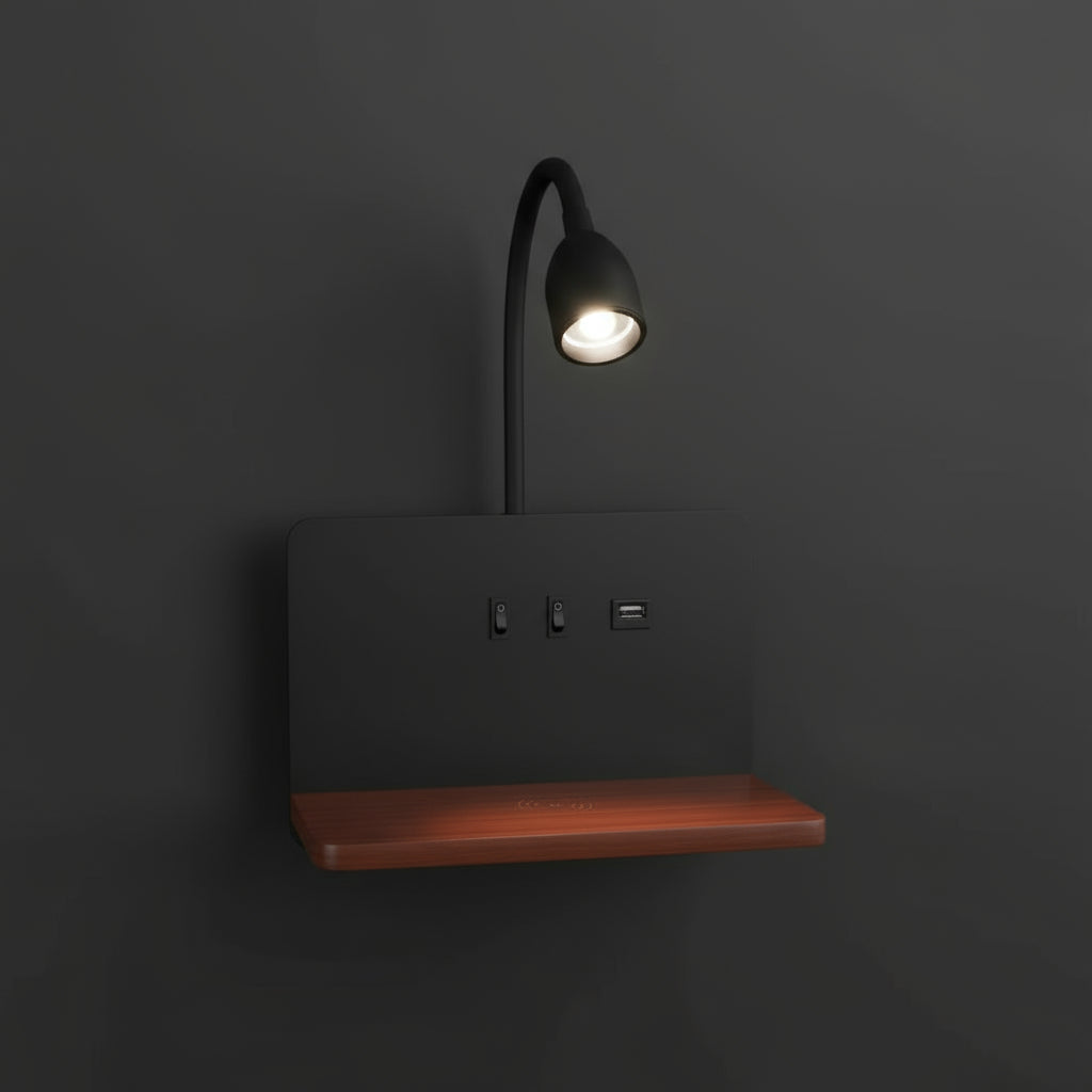LED Wall Light | Bedside Sconce with USB & Wireless Charging Shelf
