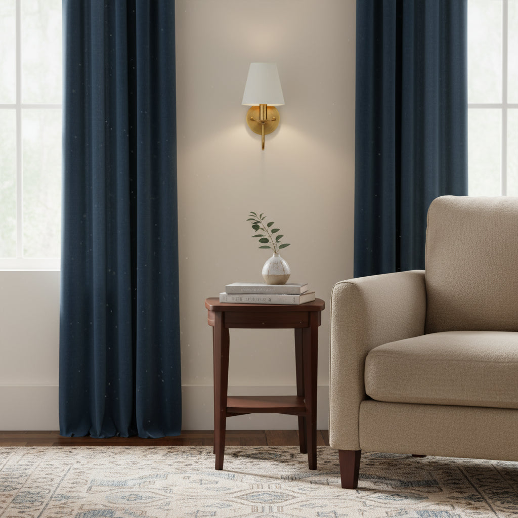 Antique Brass Wall Light | Curved Arm Sconce with White Tapered Fabric Shade