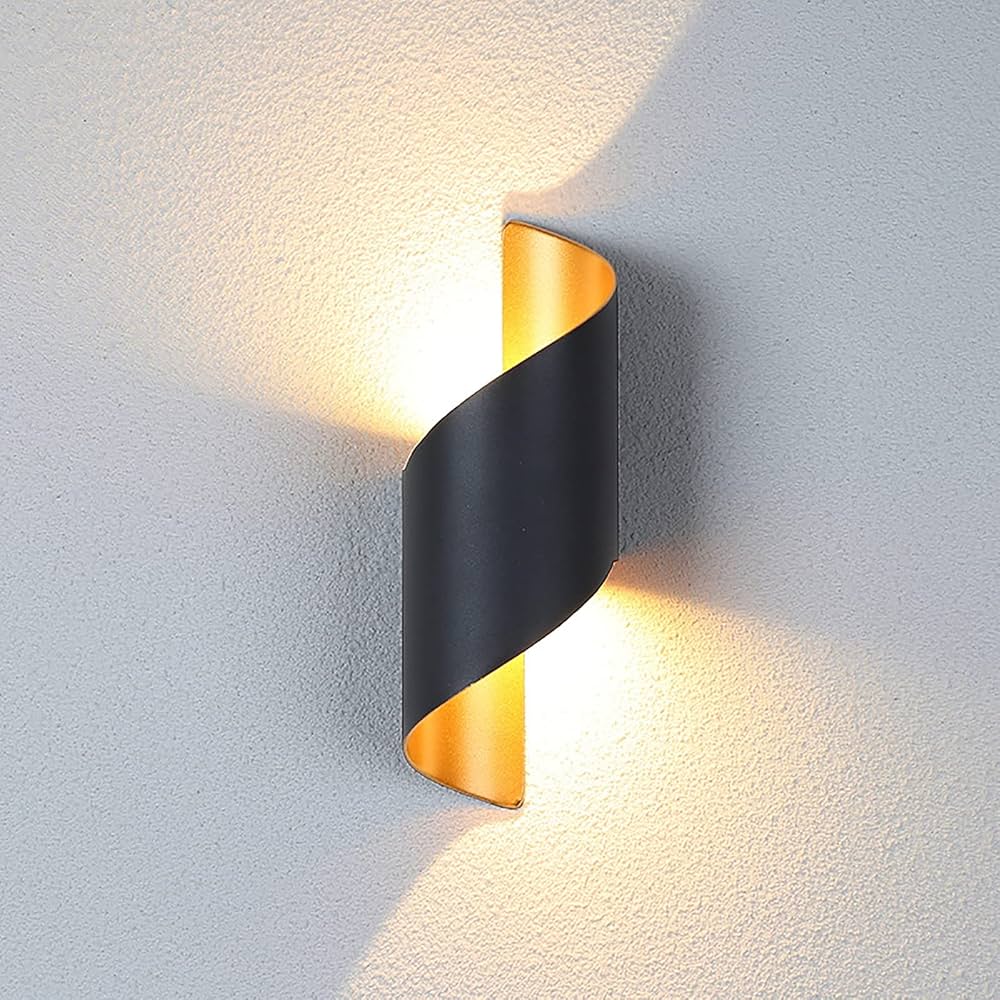 Modern Wall Light | Led Black & Gold Spiral Outdoor Sconce with Up & Down Lighting
