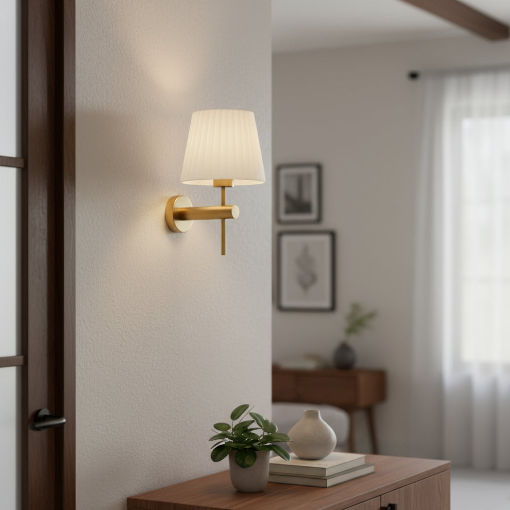 Rechargeable Wall Light | Arched Brass Sconce with Pleated Fabric Shade