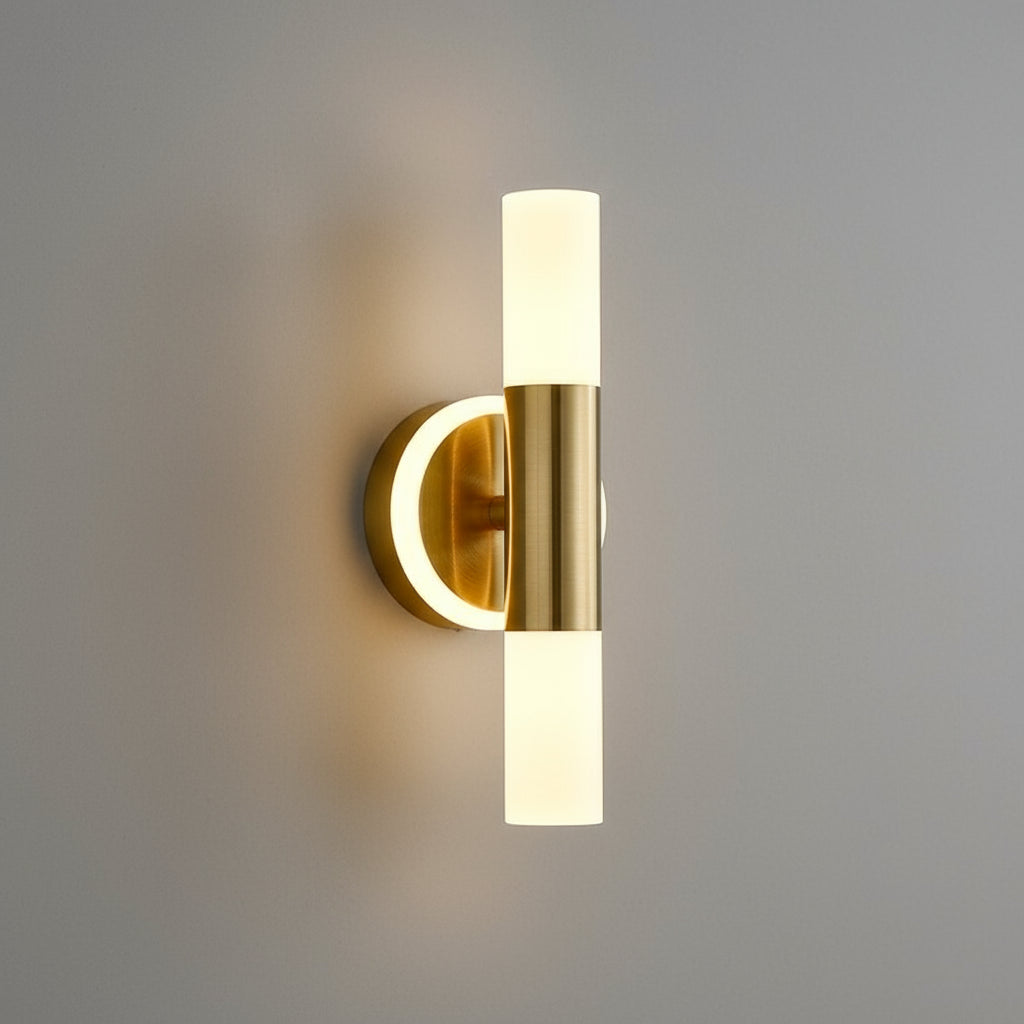 Art Deco Wall Light | Brass Cylinder LED Sconce with Double Frosted Shades