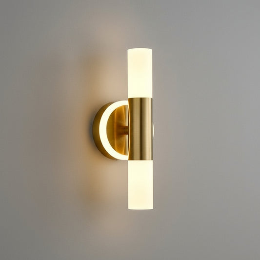 Art Deco Wall Light | Brass Cylinder LED Sconce with Double Frosted Shades