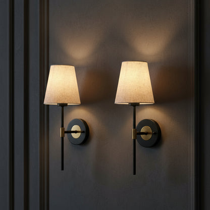 Stick-On Rechargeable Wall Light | Vintage Black and Gold Sconce with Fabric Shade