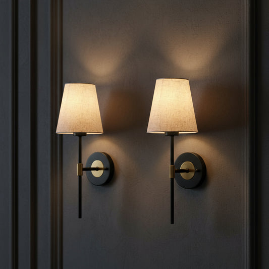 Stick-On Rechargeable Wall Light | Vintage Black and Gold Sconce with Fabric Shade