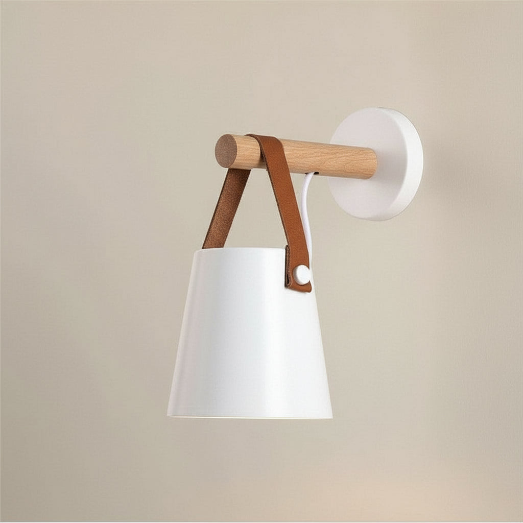 Modern Wall Light | Nordic Wooden Sconce with Leather Strap & Metal Shade