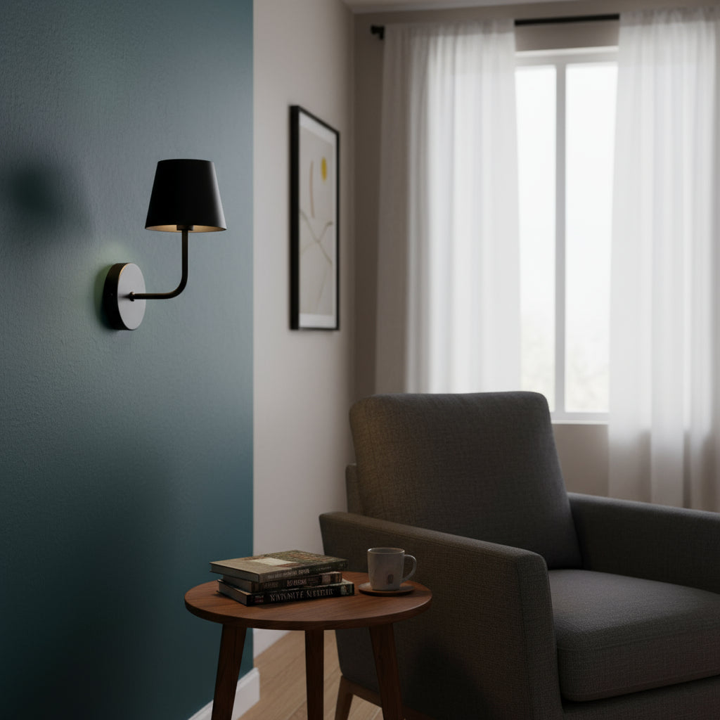 Rechargeable Wall Light | Matte Black Metal Sconce with Long Rod and Tapered Fabric Shade