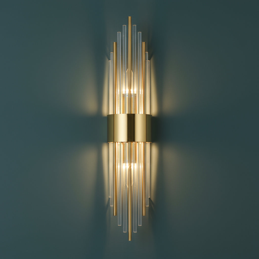 LED Wall Light | Vertical Gold Stainless Steel Sconce with Crystal Rods