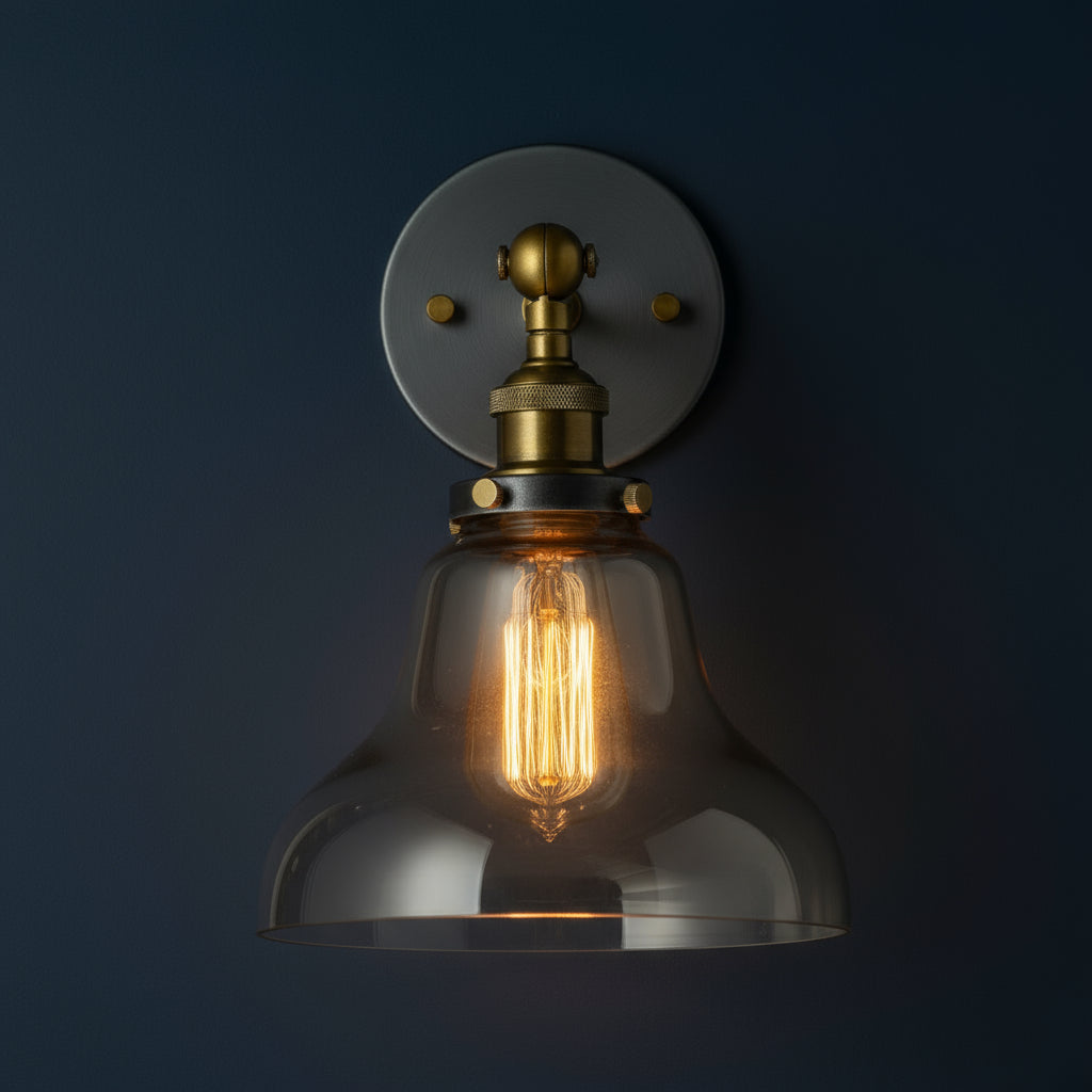 Antique Brass Wall Light | Industrial Clear Glass Dome Sconce with Round Wall Plate