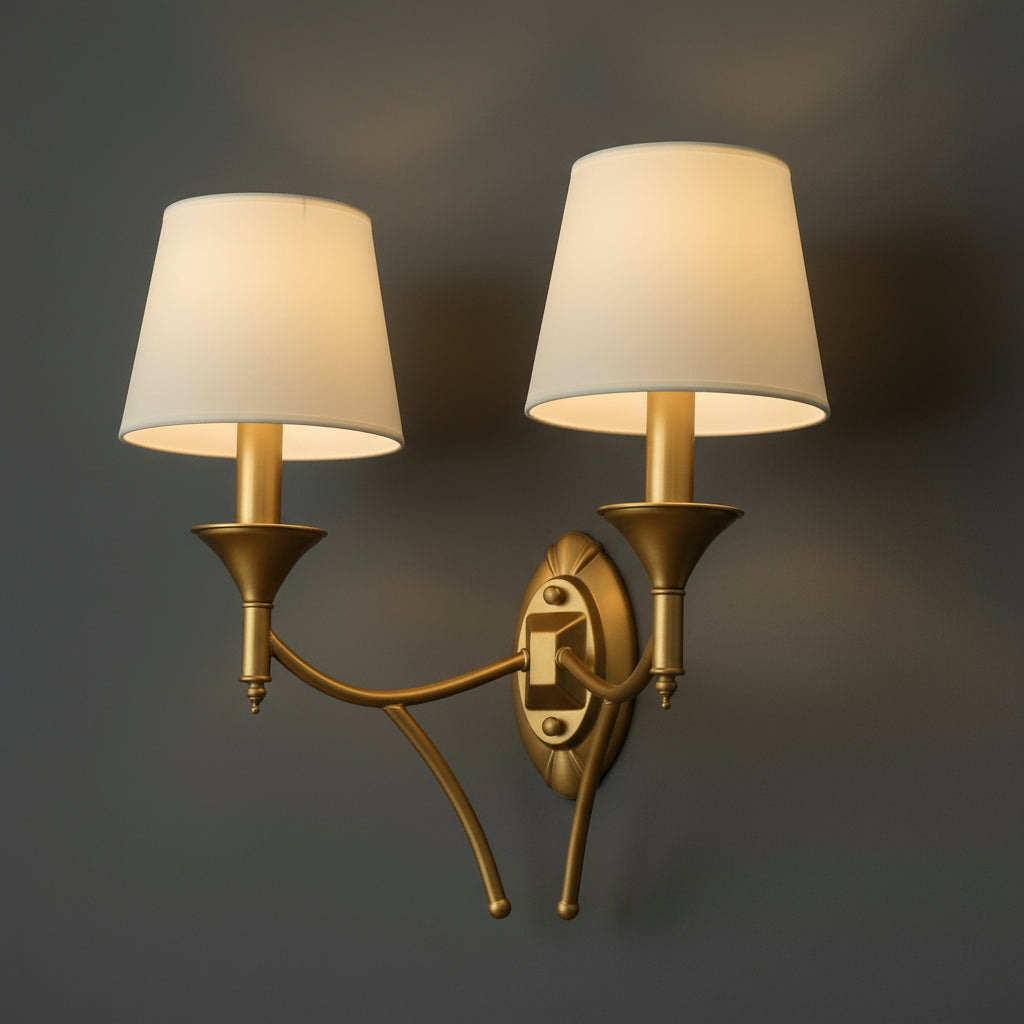 Rechargeable Wall Light | Double Arm Antique Brass Double Arm Sconce with White Fabric Shades