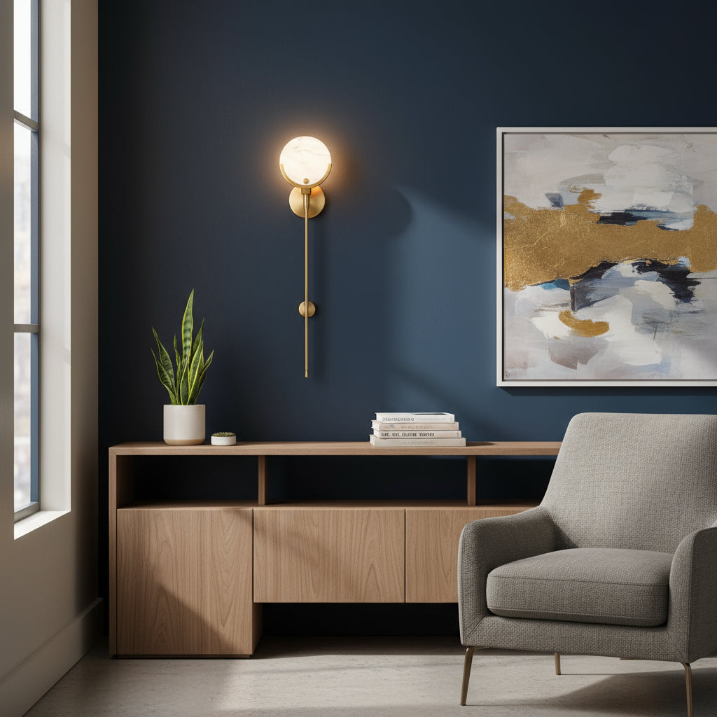 Modern Luxury Wall Light | Brass Sconce with Spanish Marble Moon Disc