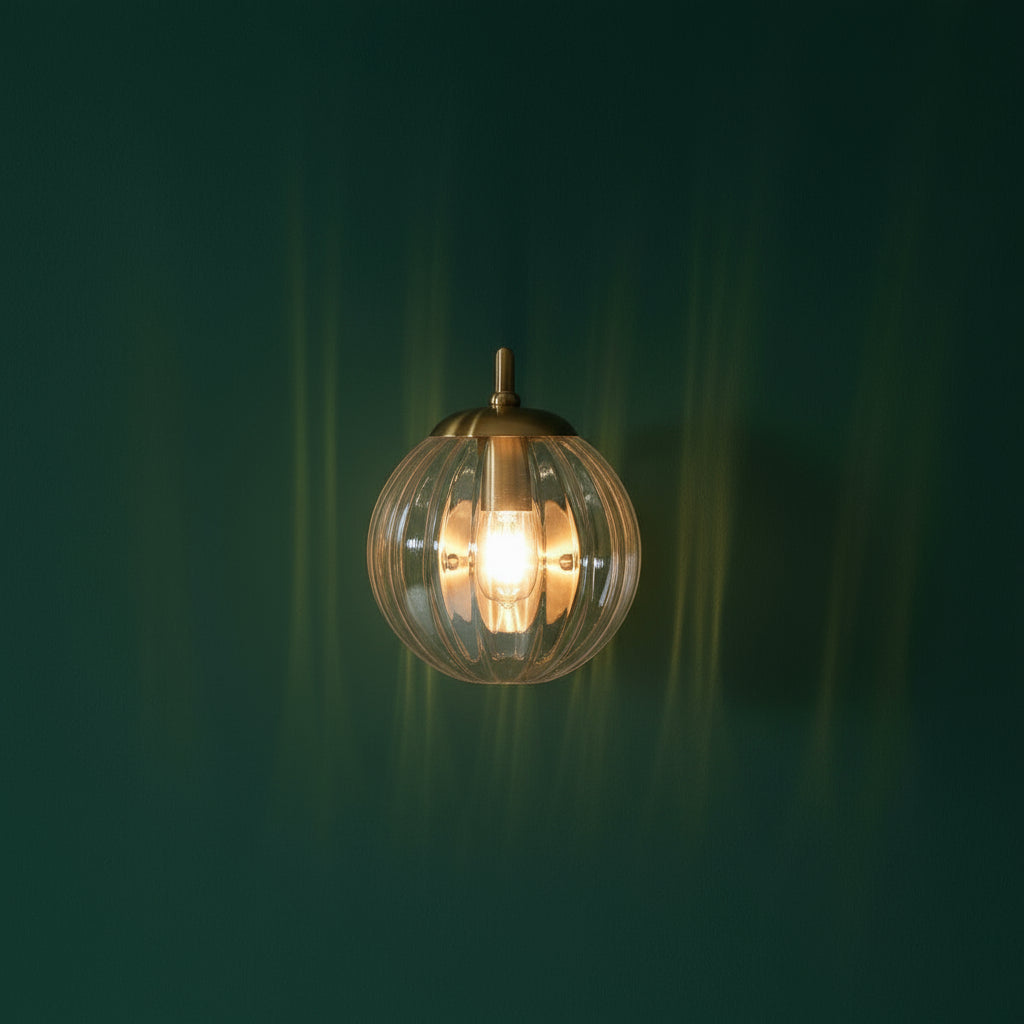 Brass Wall Light | Gold Metal Arm with Clear Ribbed Glass Globe Shade
