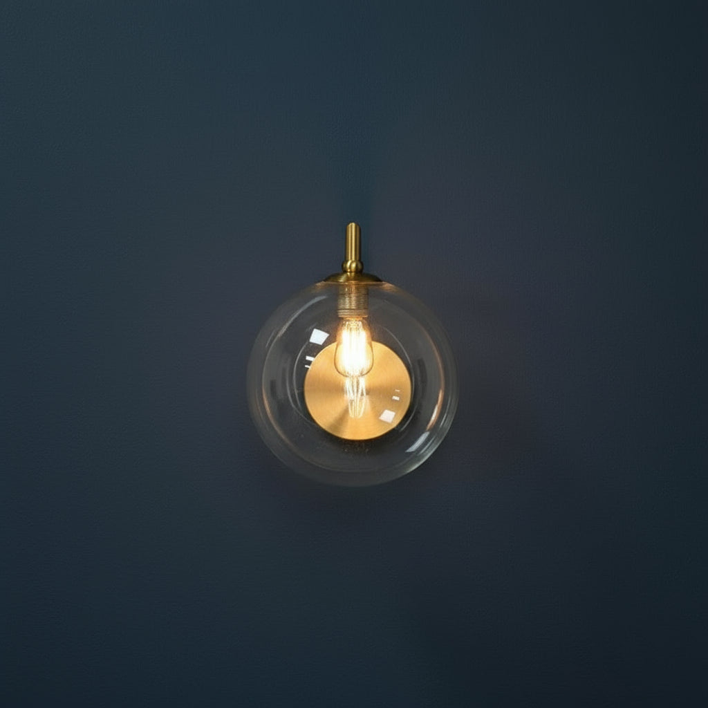Modern Brass Wall Light | Curved Arm Sconce with Clear Glass Globe