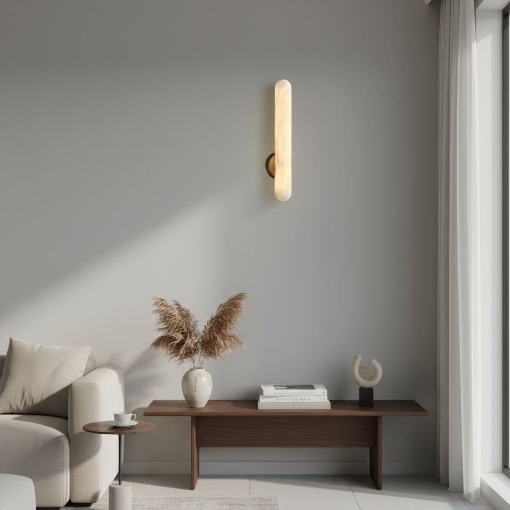 Art Deco Wall Light | Natural Marble Cylinder Sconce with Copper Base for Bedroom and Living Room