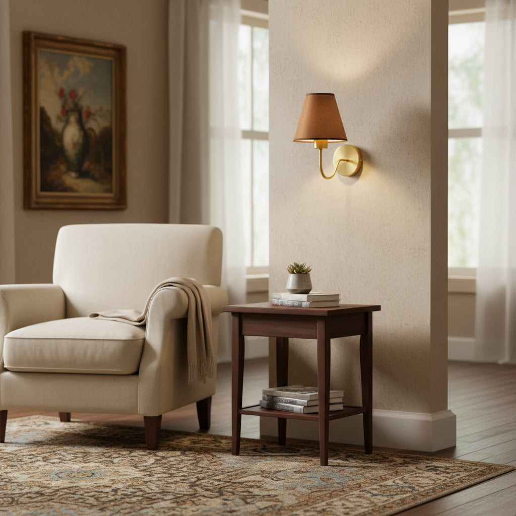 Brass Wall Light | Conical Fabric Shade Sconce with Curved Brass Arm