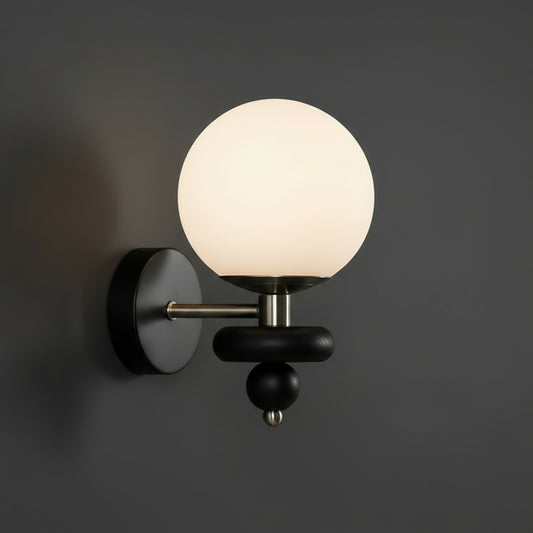 LED Wall Light | Modern Black Wood Sconce with Frosted Glass Globe Shade and Decorative Wooden Accent