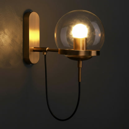 Antique Brass Wall Light | Globe Glass Shade Sconce with Exposed Wire and Metal Backplate