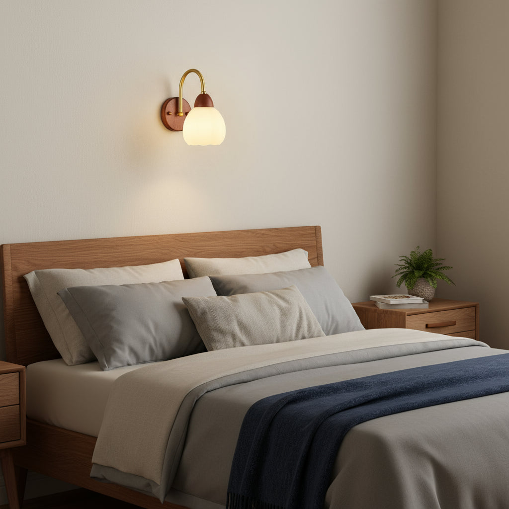 Vintage Wall Light | Wooden Base with Frosted Glass Shade and Ivory Metal Frame for Bedroom and Living Room