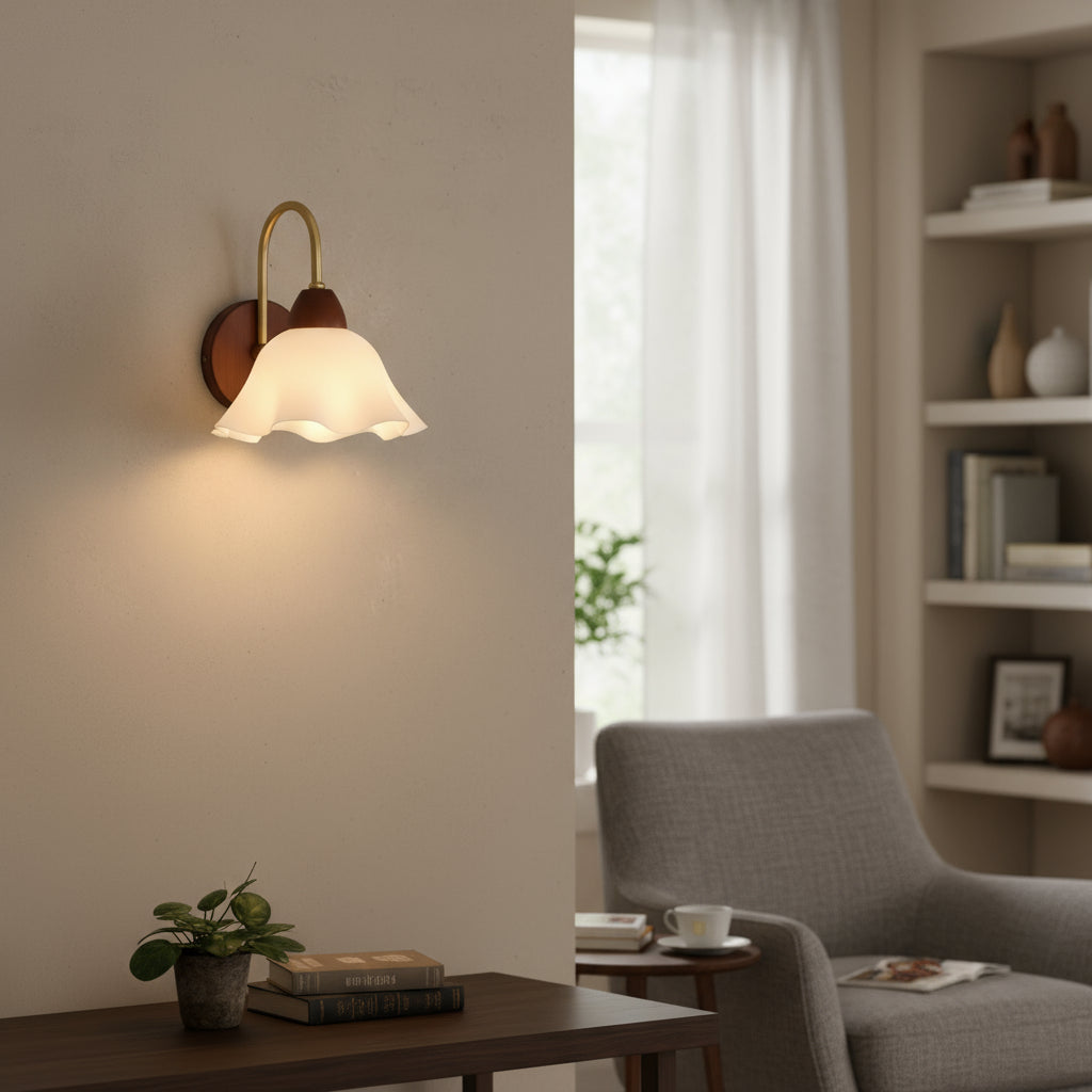 Vintage Wall Light | Wooden and Frosted Glass Sconce with Ivory Finish for Bedroom and Living Room