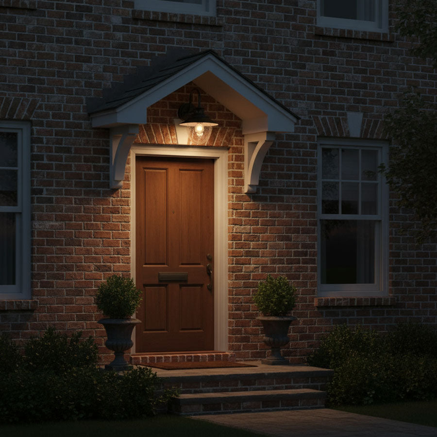 Antique Brass Outdoor Wall Light | Industrial Lantern-Style Sconce with Curved Arm and Hammered Glass Shade