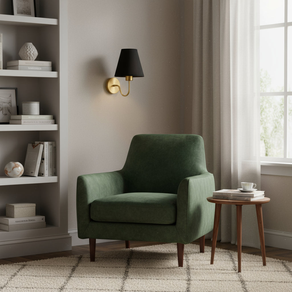 Brass Wall Light | Conical Fabric Shade Sconce with Curved Brass Arm