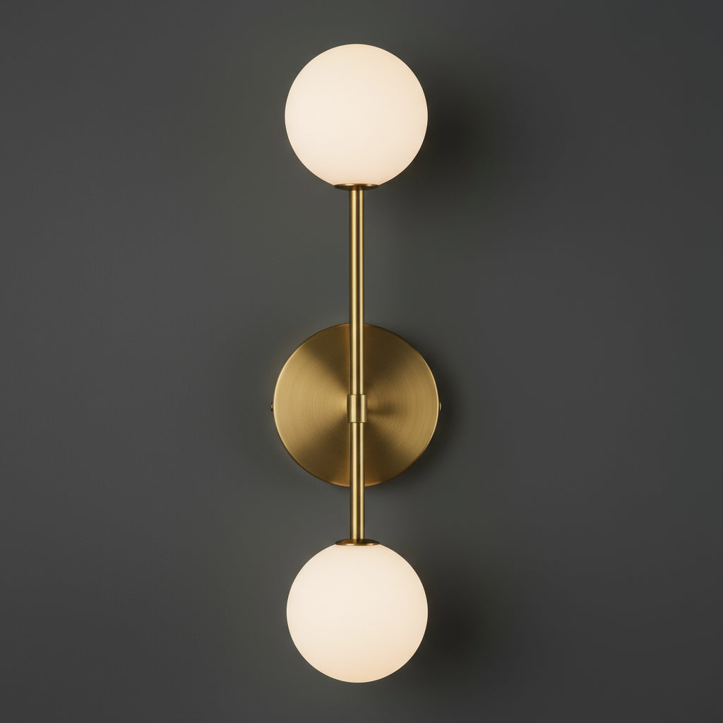 Antique Brass Wall Light | Vertical Double Globe Sconce with Frosted Glass Shades