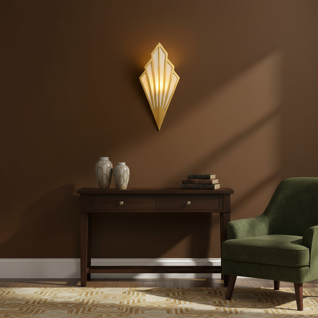 Art Deco Wall Light | Geometric Fan-Shaped Metal Frame with Fabric Shade