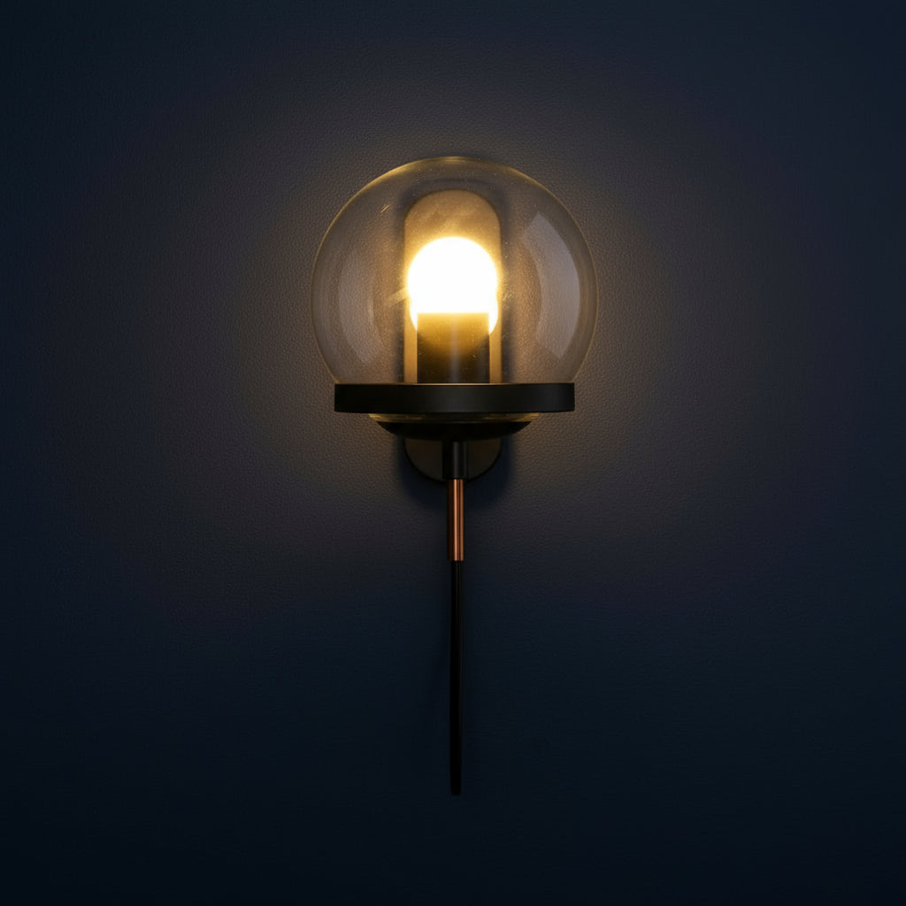 Antique Brass Wall Light | Globe Glass Shade Sconce with Exposed Wire and Metal Backplate