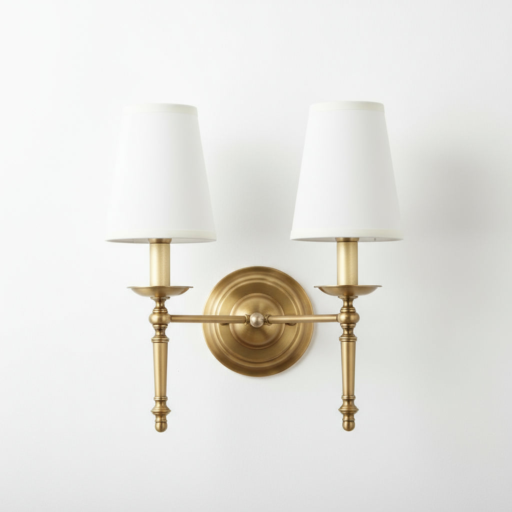 Antique Brass Wall Light | Polished Copper Body with White Fabric Shade