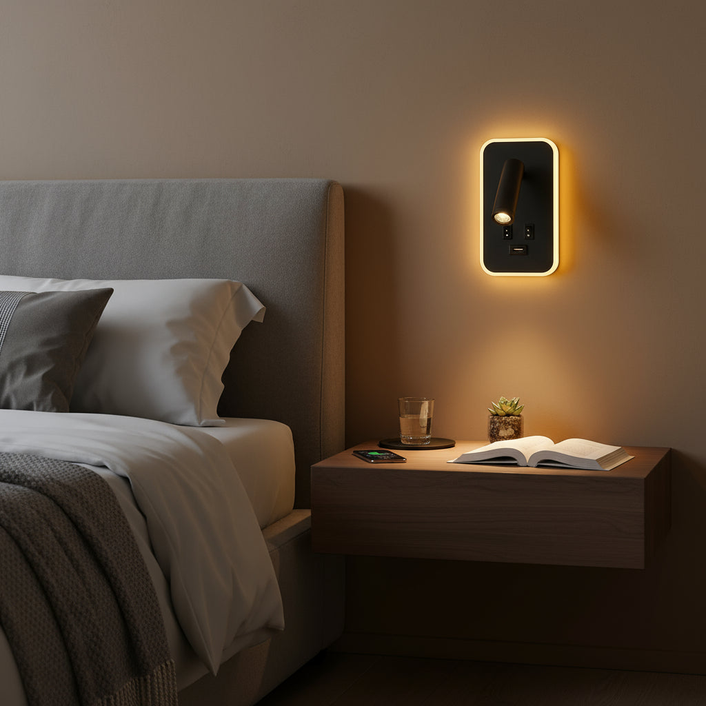 LED Wall Light | Black Reading Sconce with USB & Adjustable Spotlight