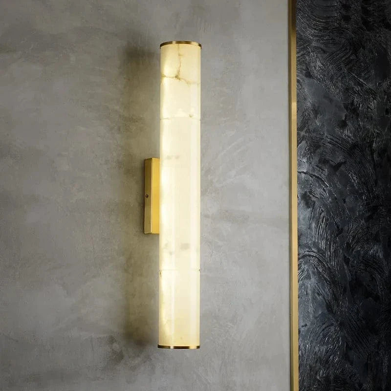 Art Deco Wall Light | Slim Cylindrical Natural Stone Sconce with Brass Finish